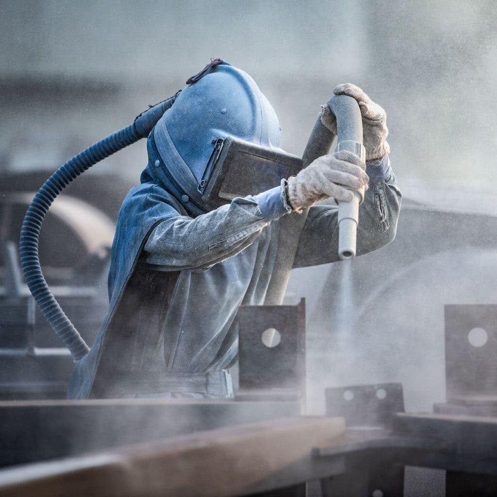 عامل في ساحة الدهانات أثناء تنفيذ أعمال الطلاء الصناعي المعتمد من أرامكو في الدمام